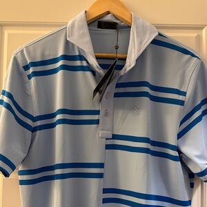 G Fore Light Blue and Navy Striped Polo